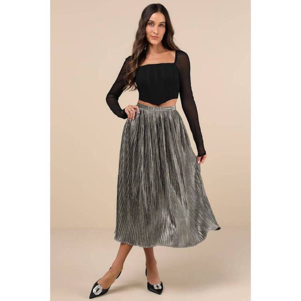 Lulus Bold Entrance Black And Gold Pleated Midi Skirt - Size S